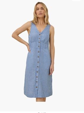 Pact canopy linen blend Blue and White Stripe Button-Front Midi Dress